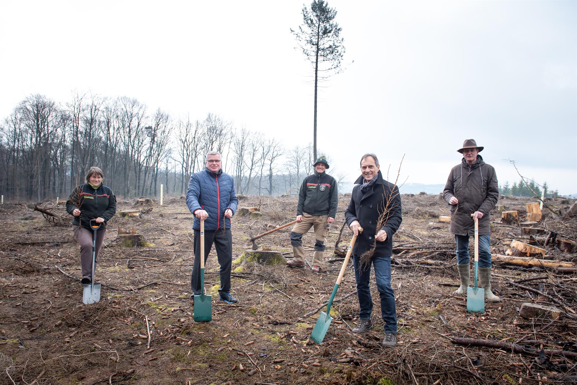 Foto (v.l.): Christina Amling, Wald und Holz NRW; Achim Südmeier, RheinEnergie-Vorstand; Raik Gröning, Leiter Forstbetriebsbezirk Kürten; Manfred Habrunner, BELKAW-Geschäftsführer; Gerhard Naendrup, Schutzgemeinschaft Deutscher Wald Bild: RheinEnergie AG